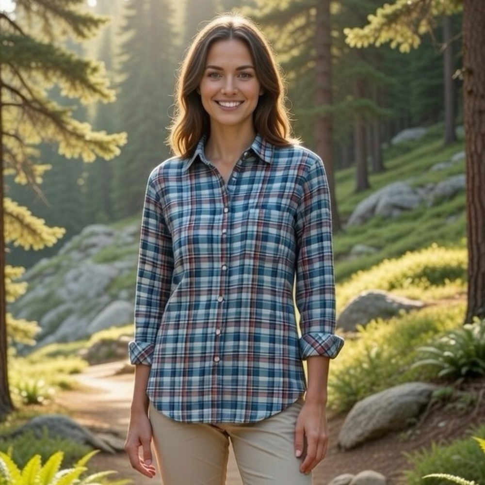 Stio Eddy Blue Plaid Button-Down Performance Shirt UPF Hiking Outdoors Top Sz M